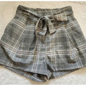 H&M Womens‎ Shorts Size 2 Plaid Paperbag Waist Tie Belt Grey